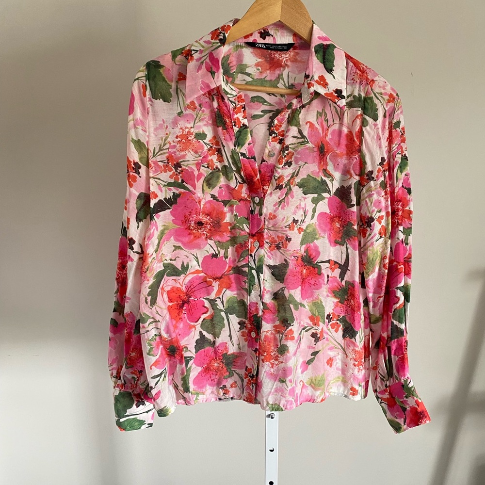 Zara Flora Long Sleeve Button Down Shirt xs